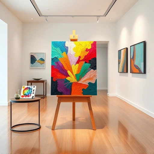 Vibrant painting on easel in modern gallery with polished floors and soft lighting, enhancing artistic ambiance.