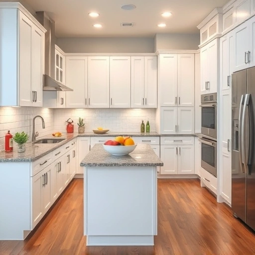 Beautifully transformed kitchen in Garland TX featuring crisp white cabinets, gray granite countertops, and elegant backsplash.