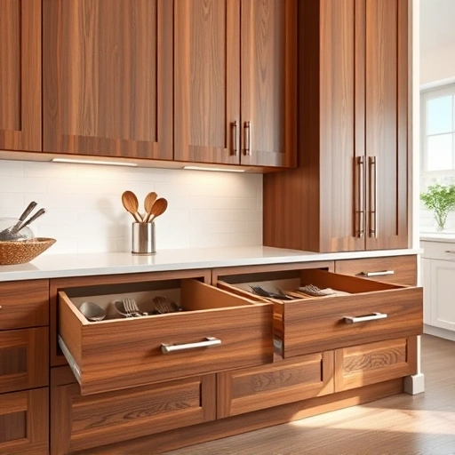 Kitchen with new cabinet drawer fronts in Garland TX, showcasing modern design, organized utensils, and natural lighting.