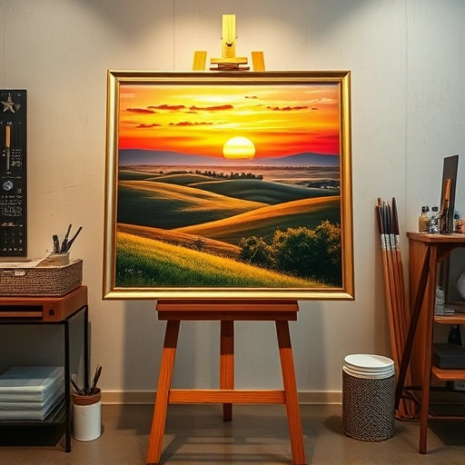 Completed painting in Garland TX features vibrant colors, serene landscape, sunset hues, and elegant framing.