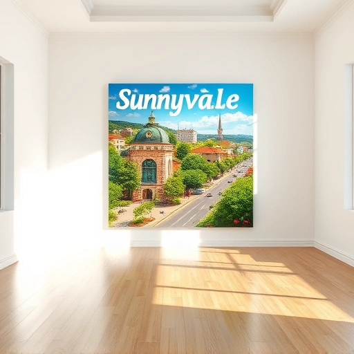 Vibrant painting in Sunnyvale TX features lush greenery and a clear blue sky in a serene gallery setting.