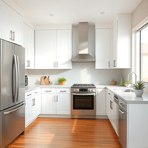 Beautifully transformed kitchen in Murphy TX with matte white cabinets, gray marble countertops, and warm hardwood flooring.