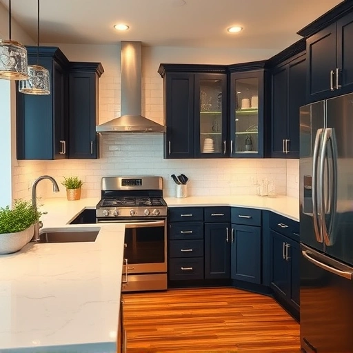 Elegant kitchen in Garland TX with navy blue cabinets, white quartz countertops, and modern stainless steel appliances.