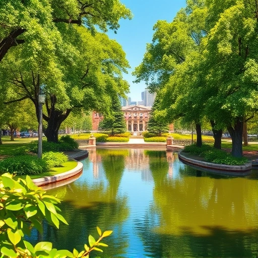 Completed painting of a tranquil University Park landscape with green trees, a pond, and distant buildings.