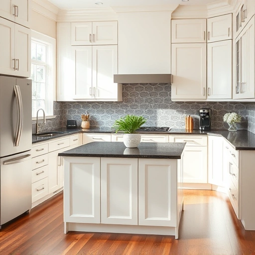 Beautifully transformed kitchen in Josephine, TX with creamy white cabinets, dark granite countertops, and elegant accents.