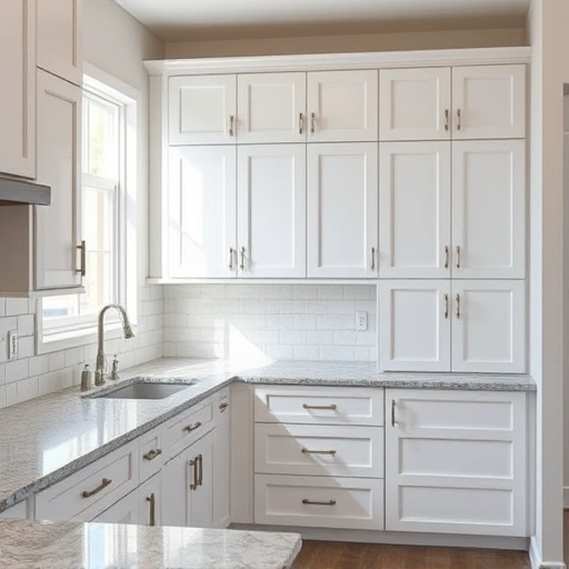 Beautifully transformed kitchen with glossy white cabinets, polished granite countertops, and stylish backsplash tiles.