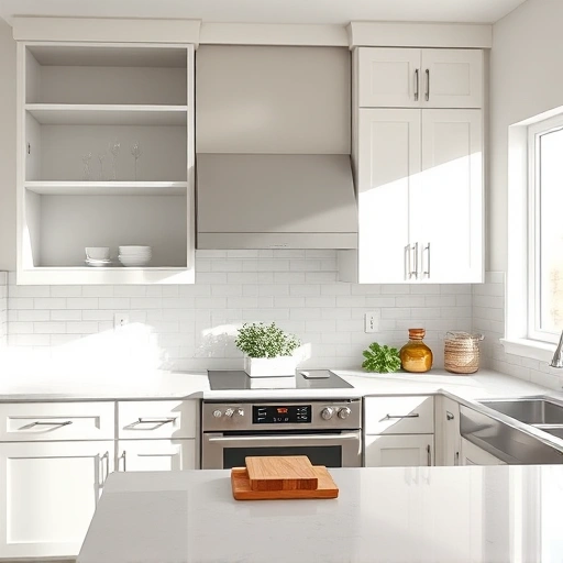 Modern kitchen in Mesquite TX featuring elegantly painted cabinetry in soft grays and whites with stylish decor.