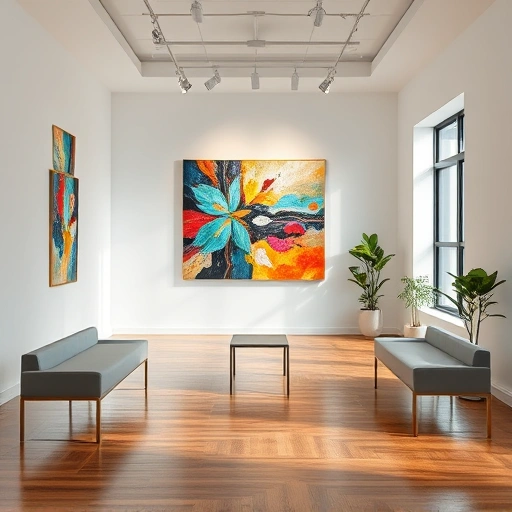 Vibrant abstract painting in a modern art gallery with soft white walls and polished wooden floors in Garland TX.
