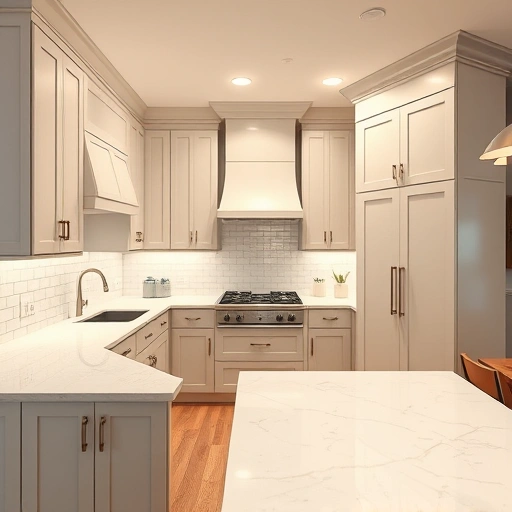 Beautifully painted kitchen cabinets in soft whites and grays, featuring quartz countertops and stylish subway tile backsplash.