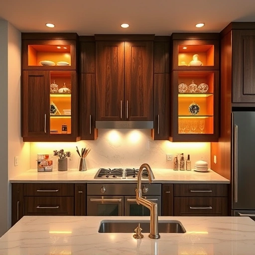 Modern LED under cabinet lighting illuminates a dark wood kitchen with marble countertops and high-end appliances.