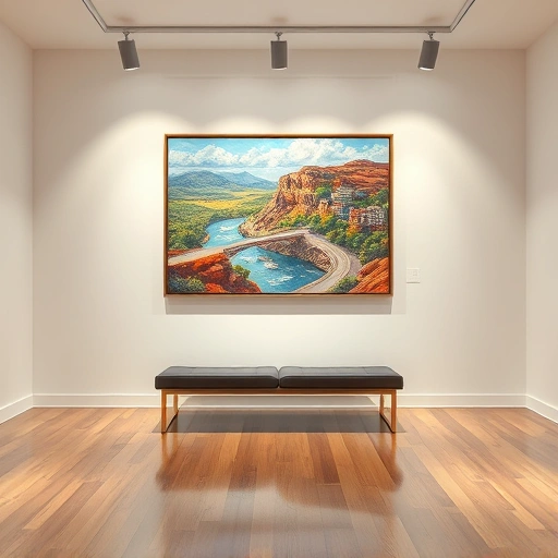 Completed painting in modern McKinney gallery, vibrant local landscape, soft walls, polished floor, minimalist furniture.