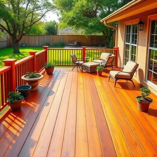 Beautifully stained wooden deck in Garland TX, surrounded by lush greenery and stylish outdoor furniture, evoking tranquility.