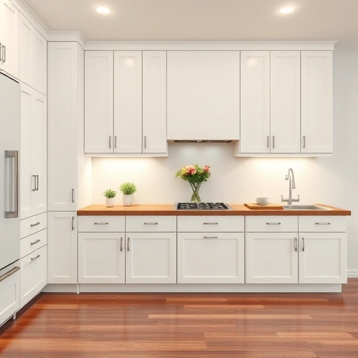 Modern kitchen in Forney TX with white cabinets, wood countertop, LED lighting, and polished hardwood flooring.