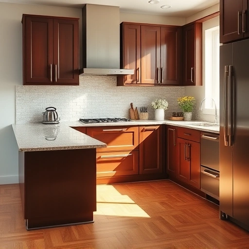 Stunning kitchen in Irving TX with elegantly painted cabinets, polished granite countertop, and warm hardwood floor.