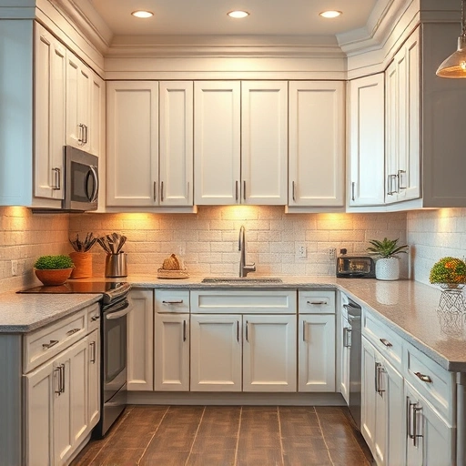 Cabinet painting transformation in Garland TX featuring glossy cabinets, modern appliances, and warm decor elements.