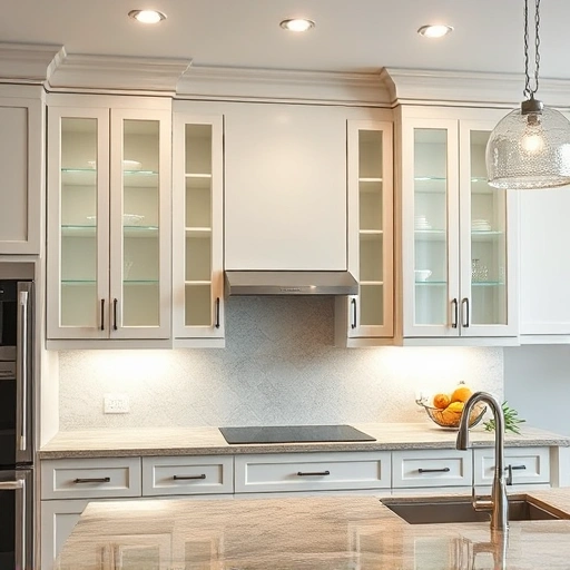 Elegant kitchen in Garland TX featuring high-gloss custom cabinetry with glass panels and modern stone countertops.