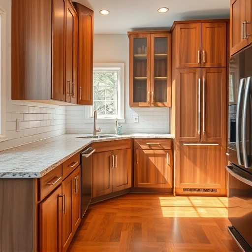 Cabinet door replacement in a bright Garland TX kitchen featuring custom wood cabinetry and polished granite countertops.