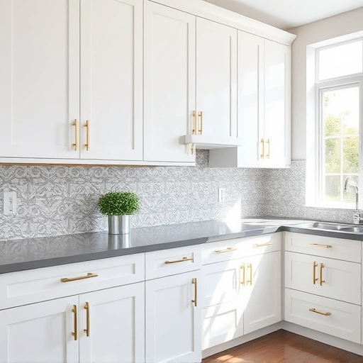 Modern kitchen in Celina, TX featuring white cabinets, gray countertops, and elegant tile backsplash with natural light.