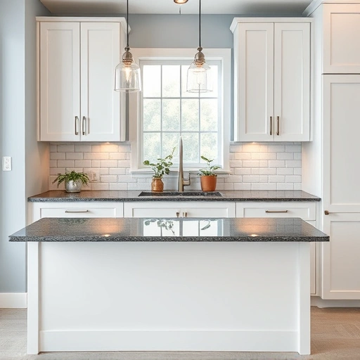 Elegant kitchen in Coppell, TX with matte white cabinets, dark granite countertops, and pale blue walls.