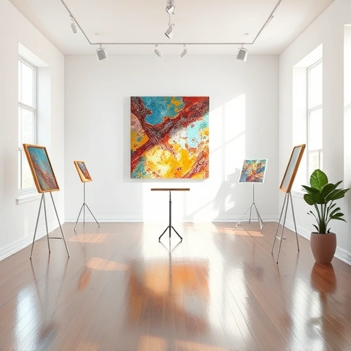 A vibrant painting in a modern gallery in Lucas TX, highlighted by soft walls and natural light, invites appreciation.