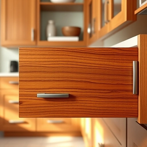 Close-up of polished wood grain cabinet drawer fronts in an organized Garland TX kitchen with elegant hardware.