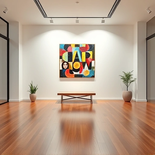 Completed vibrant painting in modern Dallas gallery, featuring polished hardwood floor and minimalist decor.