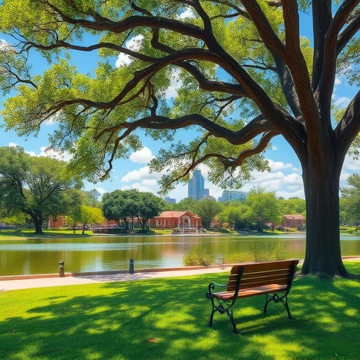 Tranquil park in Garland TX with lush lawns, oak trees, serene lake, and inviting wooden bench under dappled sunlight.