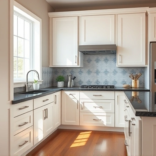 Stunning kitchen in Sachse, TX with creamy white cabinets, dark granite countertops, and artistic blue and white backsplash.