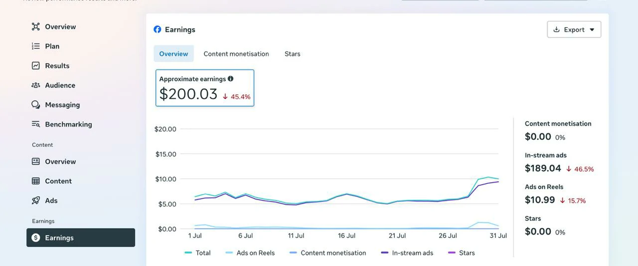 Facebook Earnings dashboard showing 200 dollars in July