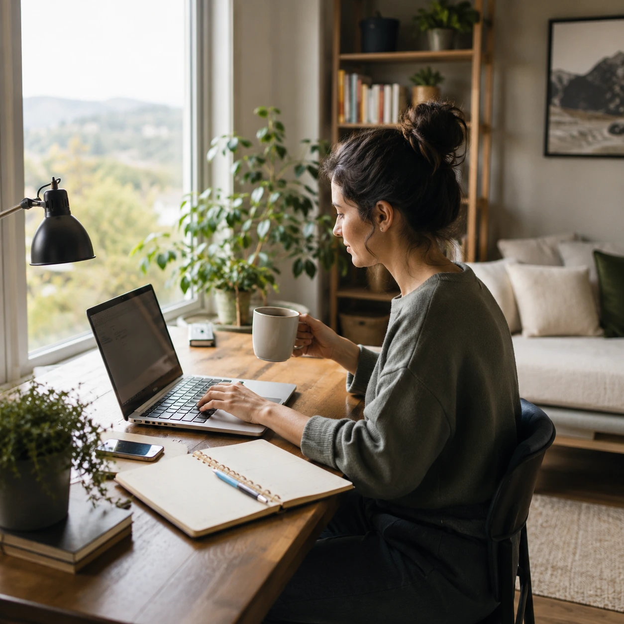 Professional working from home on a laptop in a comfortable home office