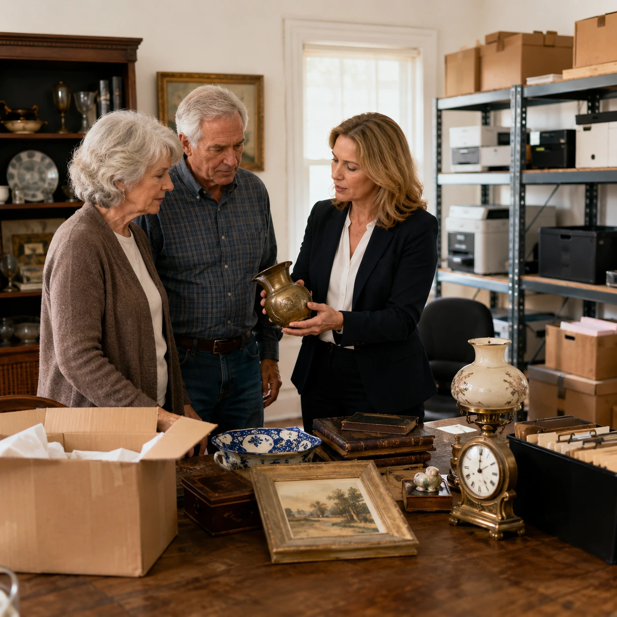 Estate and liquidation professional reviewing household and business assets with clients