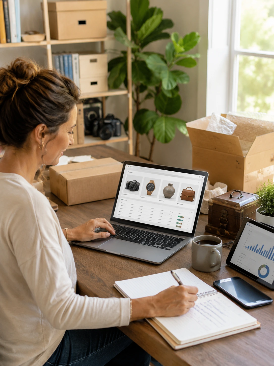 Entrepreneur preparing to launch and grow an online auction business from a home office