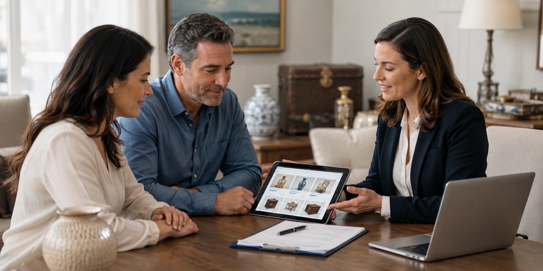 Attorney and clients reviewing an organized auction liquidation plan