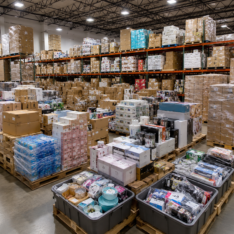 Warehouse inventory including overstock, closeouts, packaged goods, returns, and business supplies