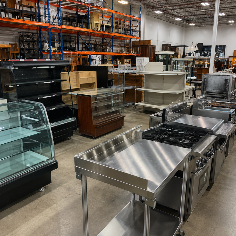 Retail fixtures, display cases, commercial restaurant equipment, shelving, and warehouse racking