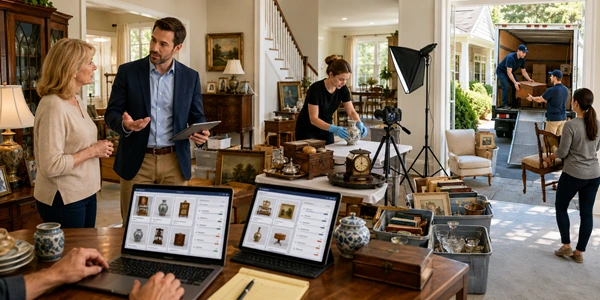 Real estate agent coordinating an estate auction from consultation and cataloging through online bidding and pickup