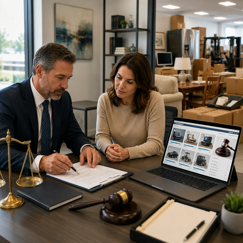 Receivership attorney and client reviewing a court-sensitive online liquidation timeline and asset plan