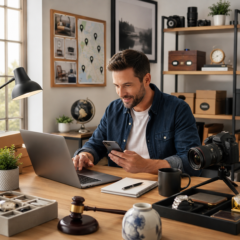 Entrepreneur operating an independent online auction business from a home office