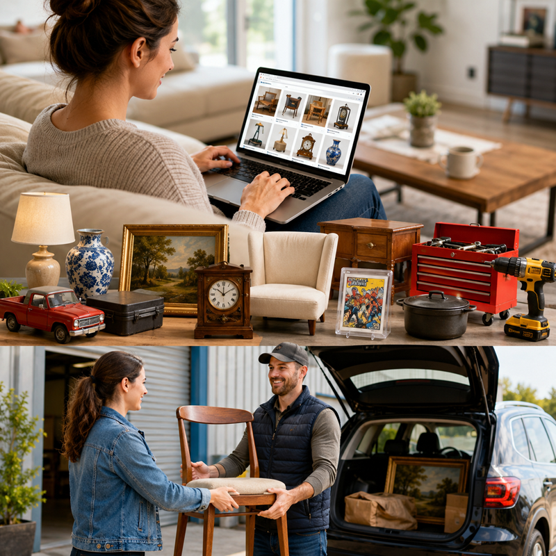 Buyer browsing an online auction catalog and collecting purchased items during local pickup