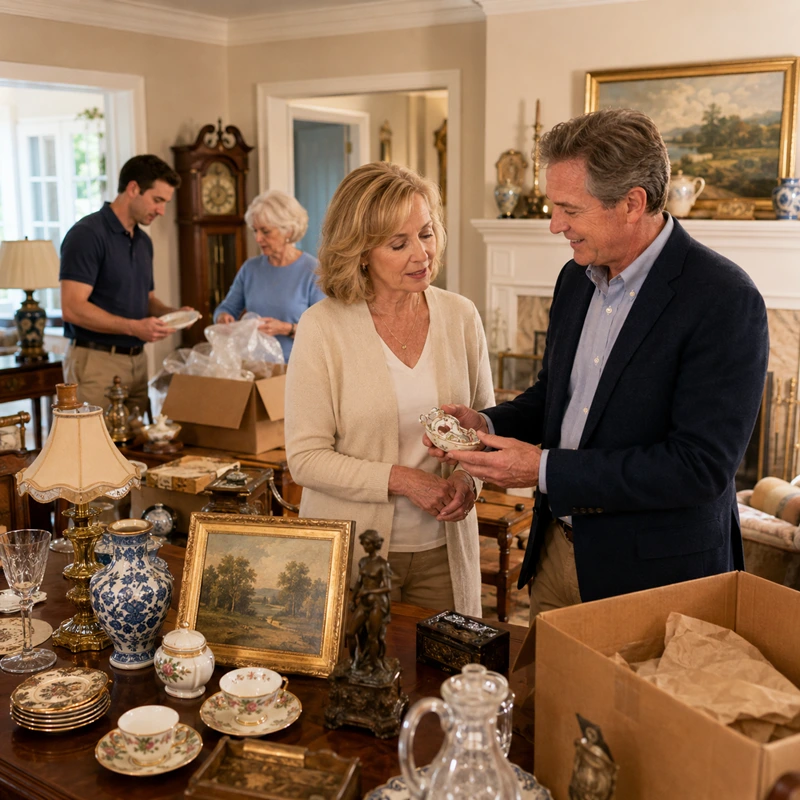 Household furnishings, antiques and collectibles prepared for an estate sale auction