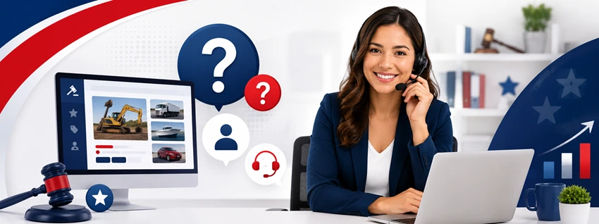 Auction Spear FAQ support scene for online auctions, liquidation services, and starting an auction business