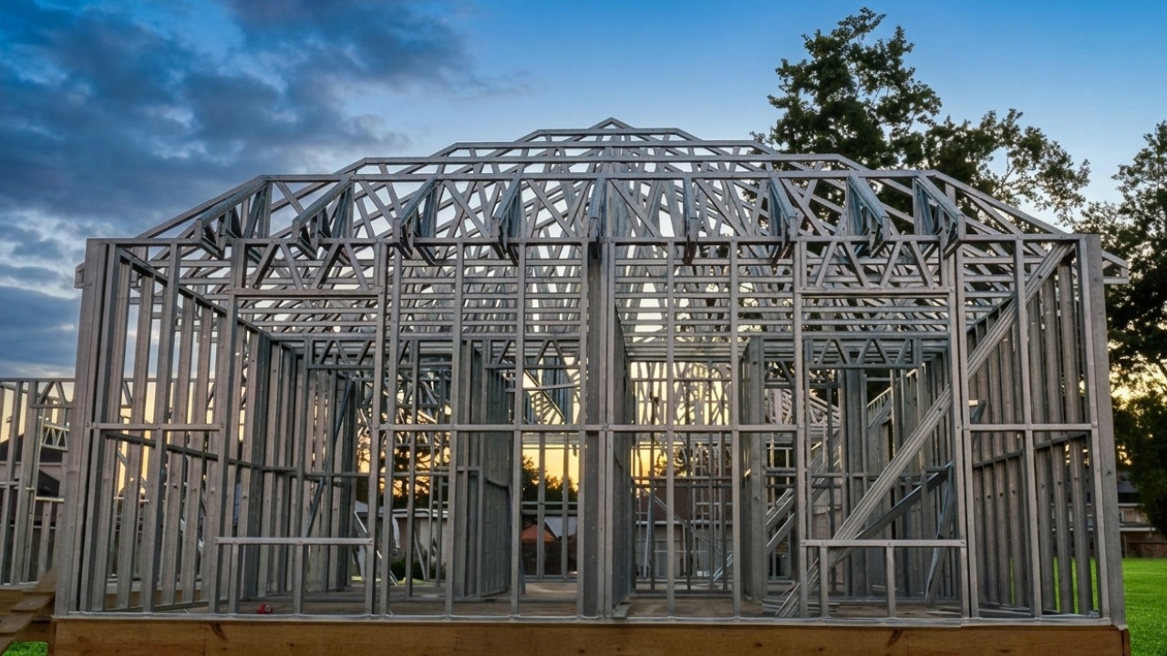 The finished steel frame of a two-story home on its lot