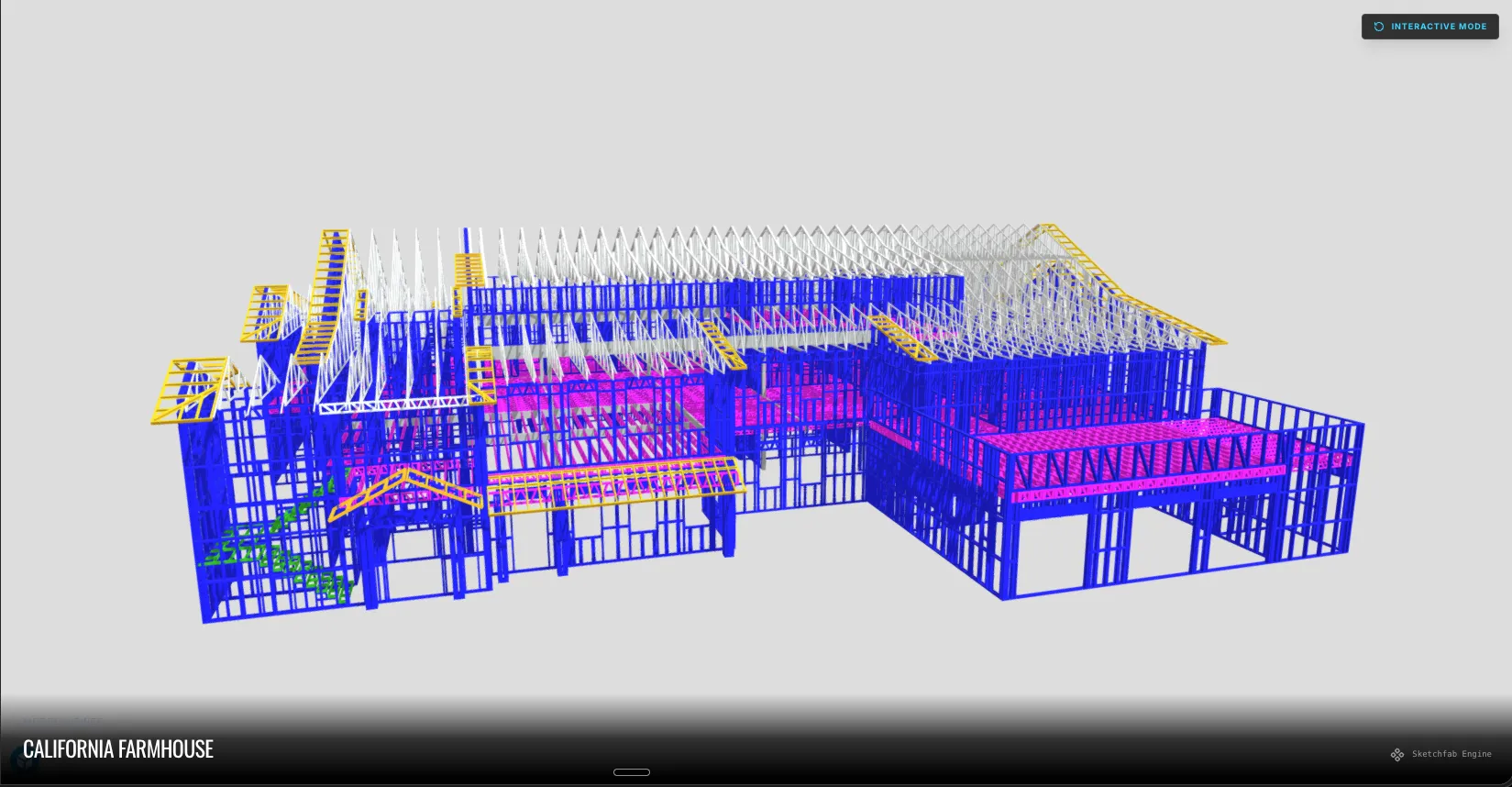 A 3D model of a home's steel frame, showing every stud and truss