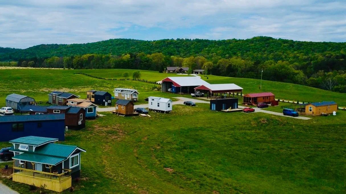 Tiny Homes Village - aerial view with mountains