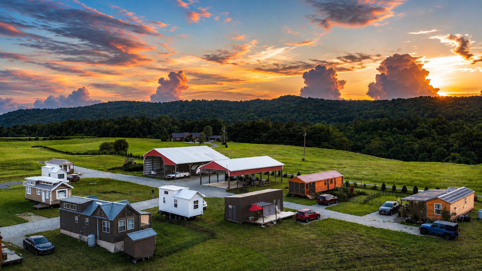 Aerial view of Tiny Homes Village at sunset in Rock Island, TN