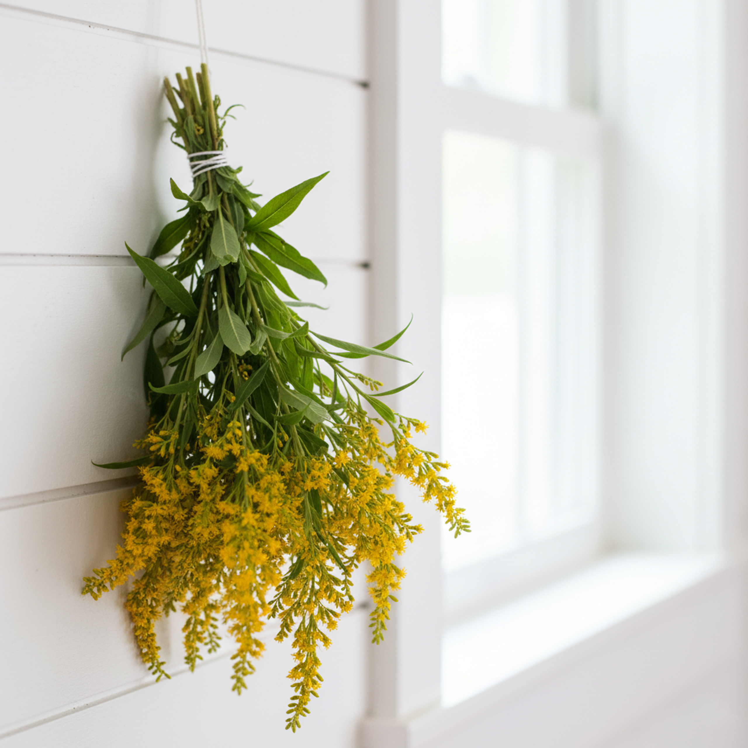 Bundle of freshly harvested goldenrod hanging upside down to dry for herbal use in Ontario.