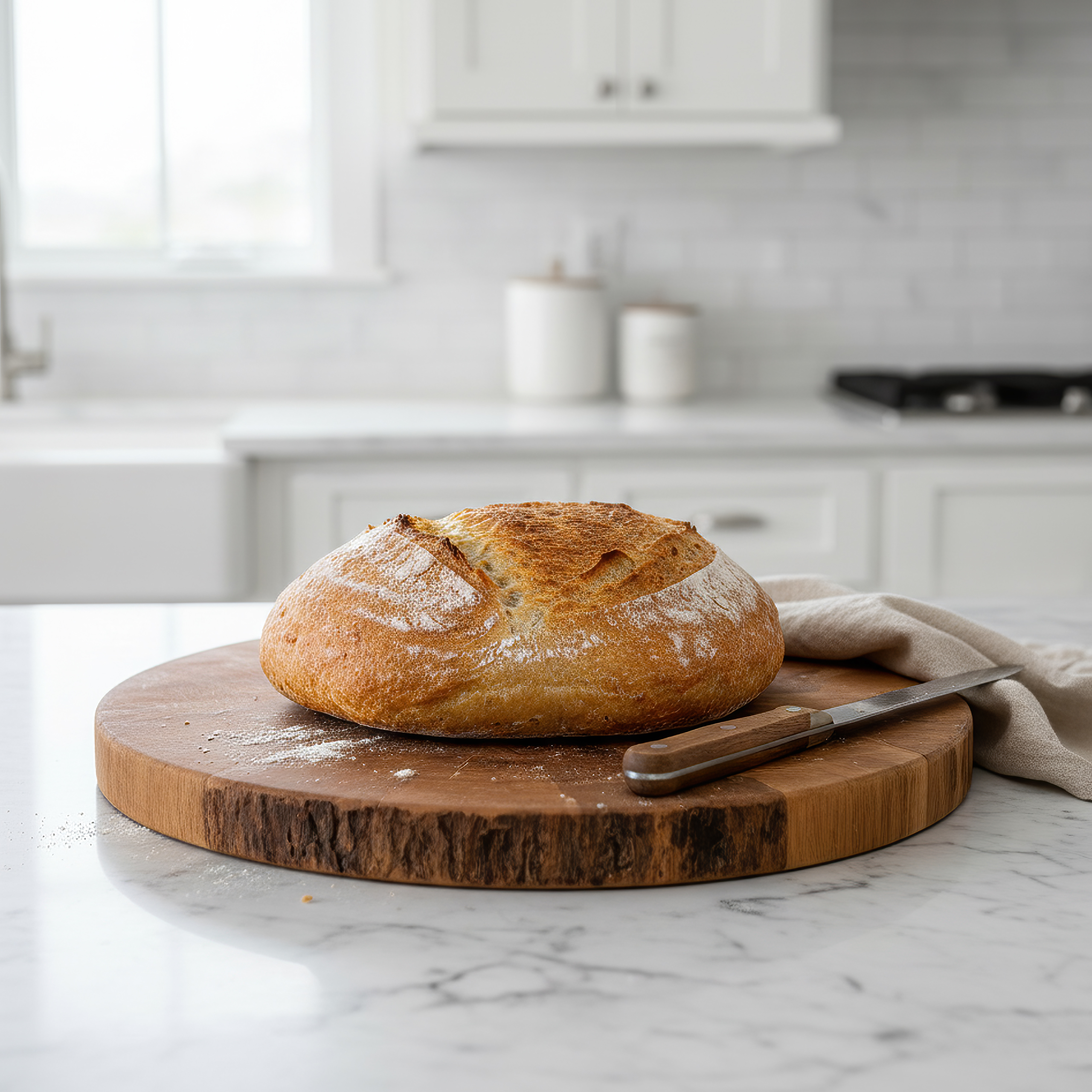 Freshly baked sourdough bread loaf on a wooden board with bread knife in a bright kitchen, example of how to make sourdough bread for beginners. Freshly baked sourdough bread loaf on a wooden board with bread knife in a bright kitchen, example of how to make sourdough bread for beginners.