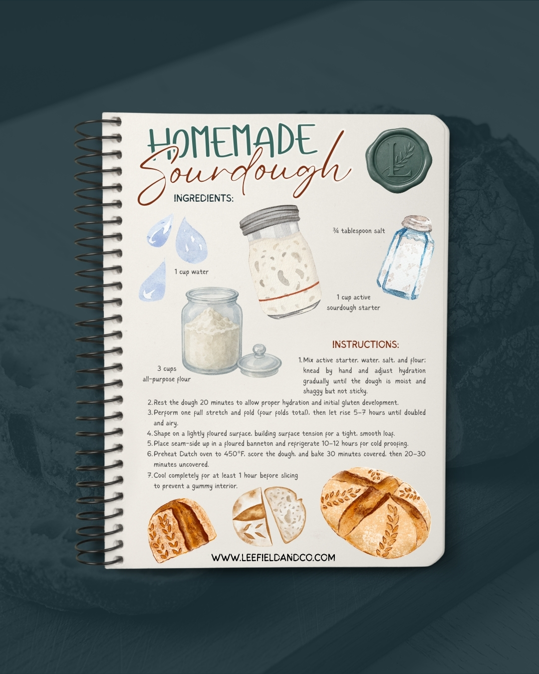 Illustrated sourdough bread recipe notebook showing ingredients and step-by-step instructions for how to make sourdough bread for beginners. Illustrated sourdough bread recipe notebook showing ingredients and step-by-step instructions for how to make sourdough bread for beginners.