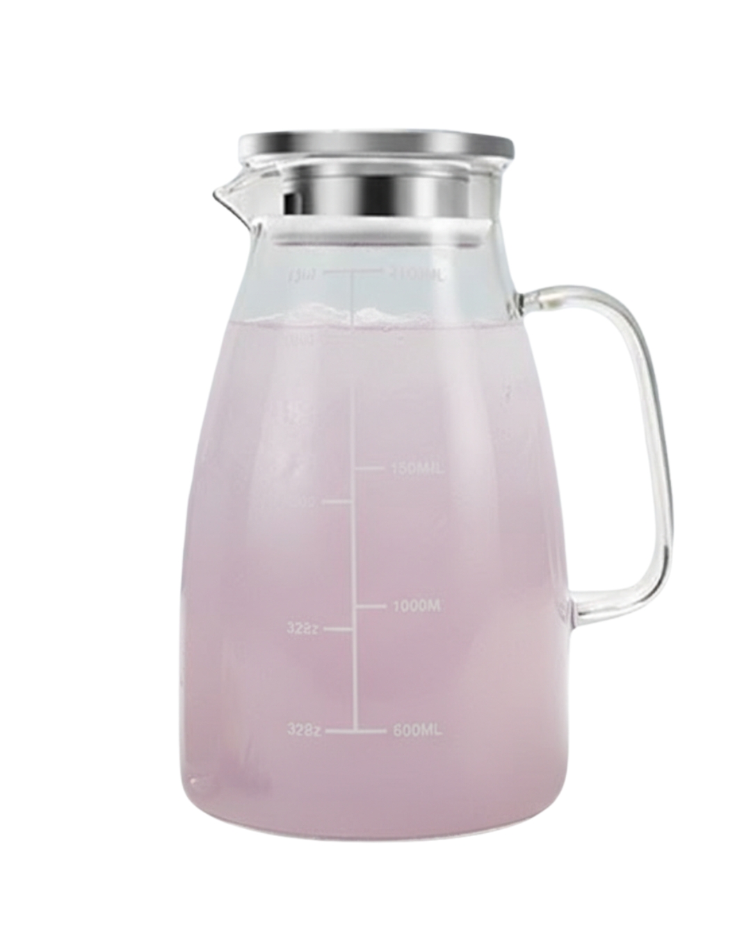 Glass pitcher filled with pale purple homemade lavender lemonade on a white background. Glass pitcher filled with pale purple homemade lavender lemonade on a white background.