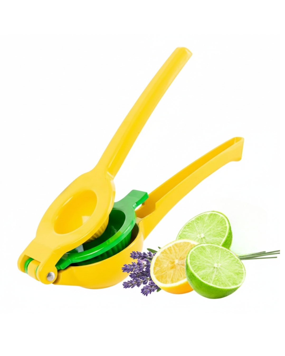 Manual lemon juicer with fresh lemons, limes, and lavender for making homemade lavender lemonade. Manual lemon juicer with fresh lemons, limes, and lavender for making homemade lavender lemonade.